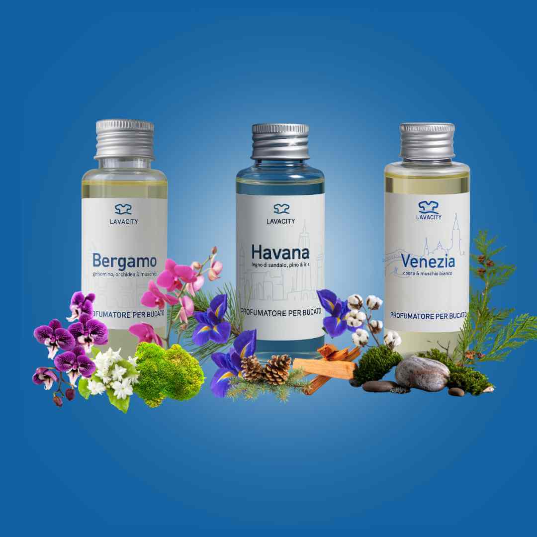 I tre profumatori per bucato LAVACITY in flaconi da 100 ml: Havana, Bergamo e Venezia