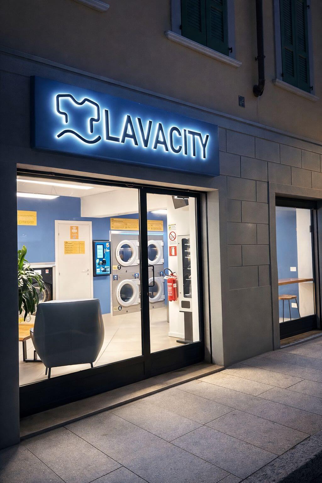 L'ingresso di LAVACITY in Via Gianbattista Moroni 150 a Bergamo di sera, con l'insegna accesa e le lavatrici visibili dalla vetrina